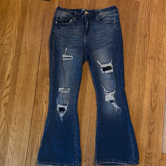 KanCan Dark Blue Distressed Flare Jeans - Picture 1 of 7
